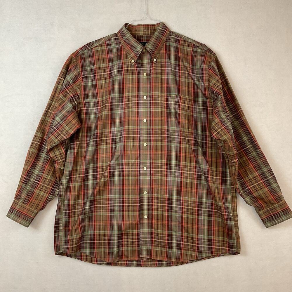 Jos A Banks Shirt Mens XL Green Brown‎ Plaid Travelers Collection Button Down